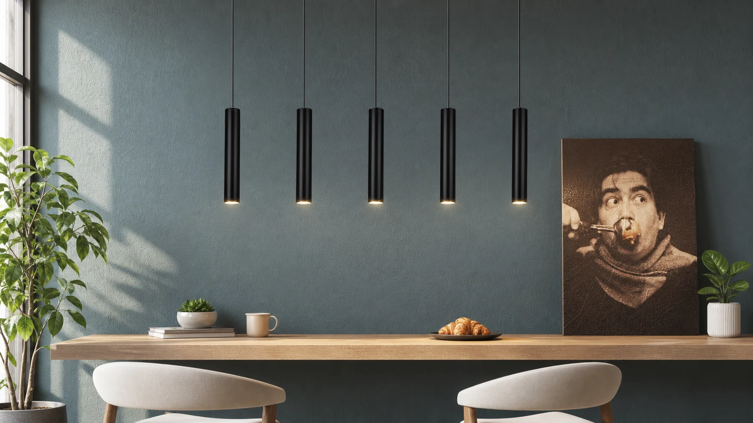 Modern Tubular Pendant Lamp in a horizontal interior scene