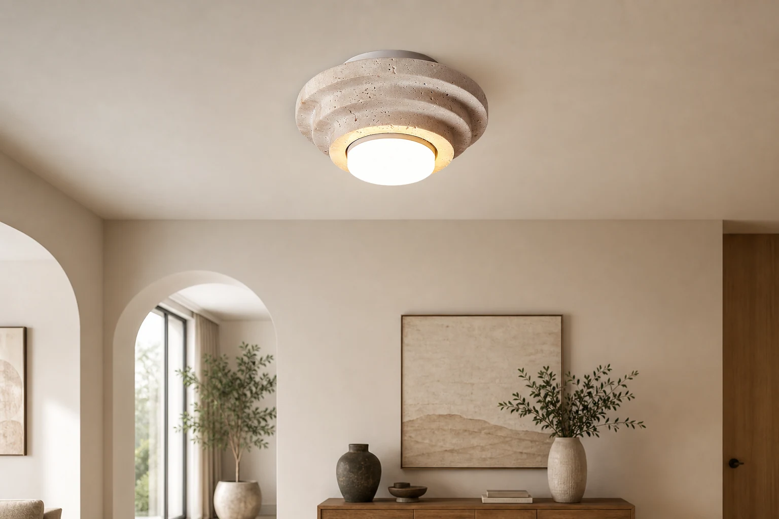 Trawertynowa lampa sufitowa Aperture w stylu życia we wnętrzach