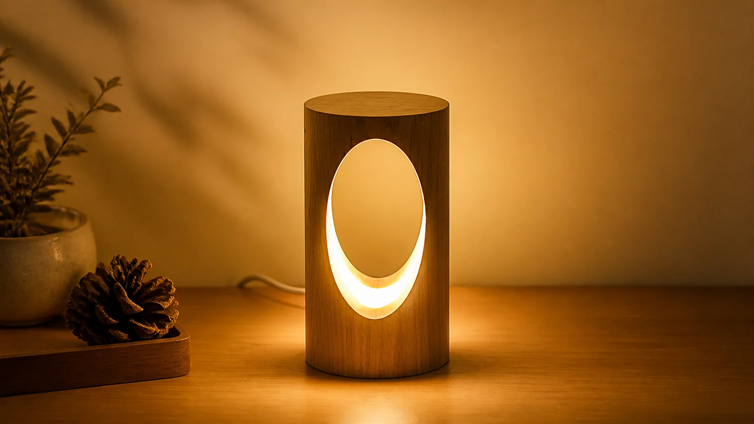 Lampa stołowa LED CAVE świecąca w ciepłym pomieszczeniu