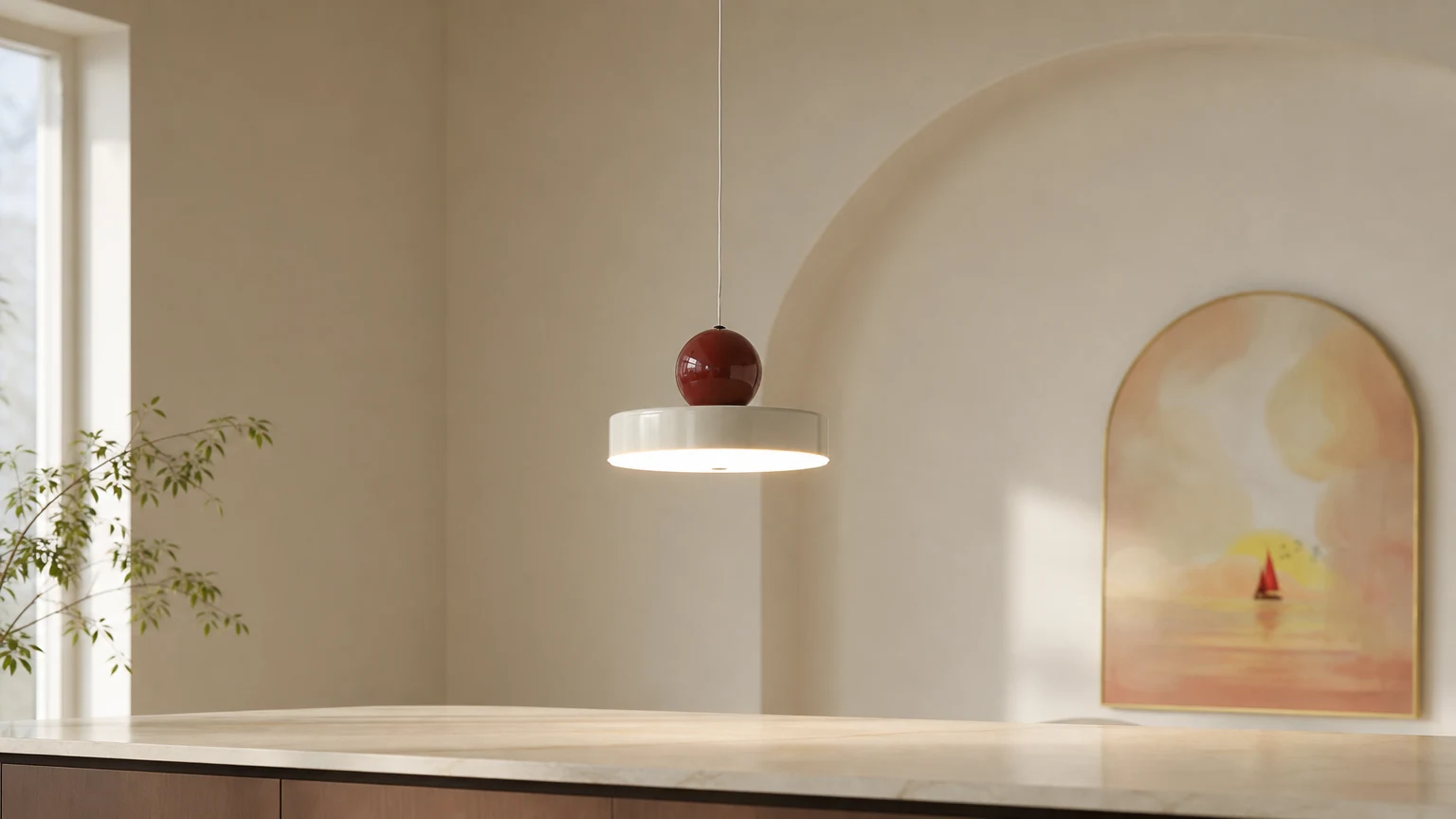 Nowoczesna, okrągła lampa wisząca LED nad wyspą kuchenną