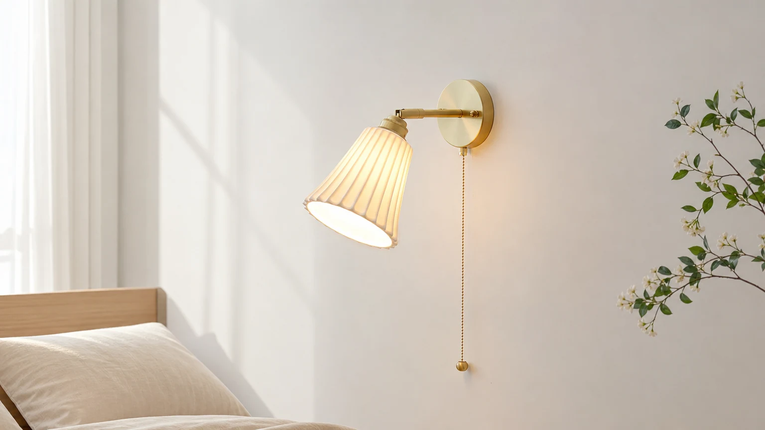 Pozioma scena sypialni z ceramiczną lampą ścienną z sznurkiem
