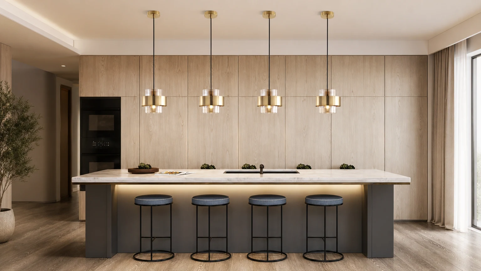 Lampa wisząca nocna Nordic z dwuwarstwowego szkła S103 zainstalowana w ciepłym wnętrzu