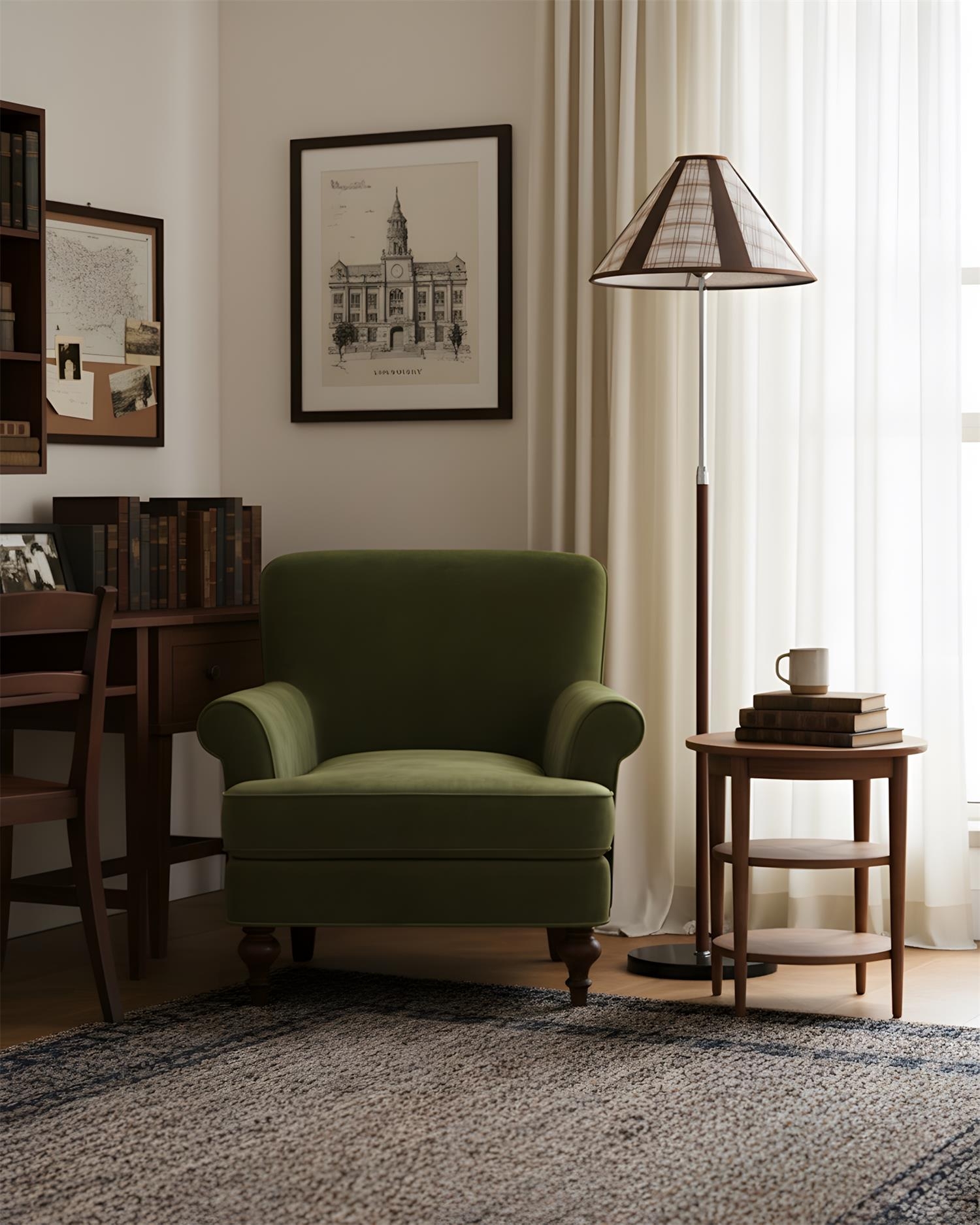 Lampa podłogowa Hearthline obok zielonego krzesła i okna