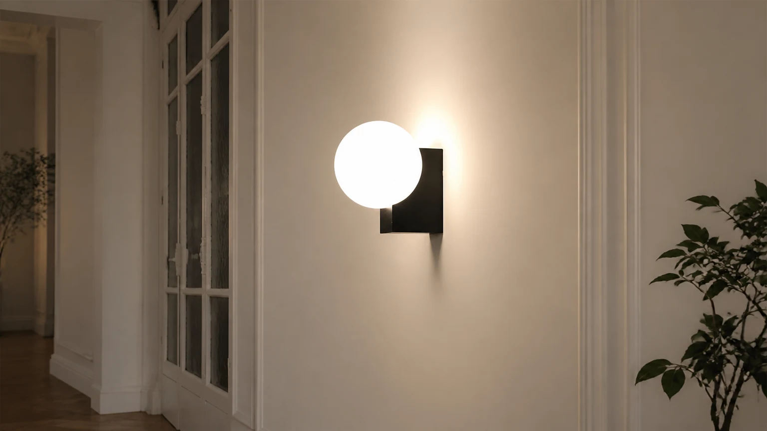 Minimalistyczny kinkiet sferyczny M547 zamontowany na nowoczesnej ścianie