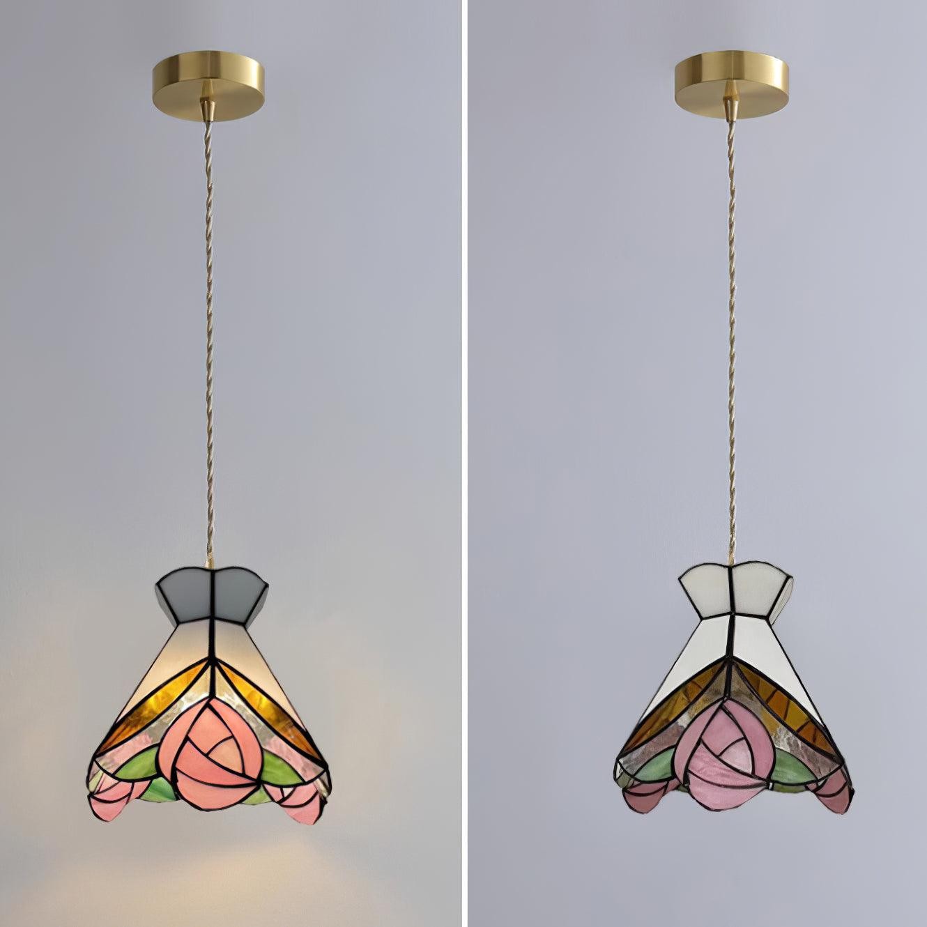 French Retro Rose Stained Glass Pendant Lamp M190
