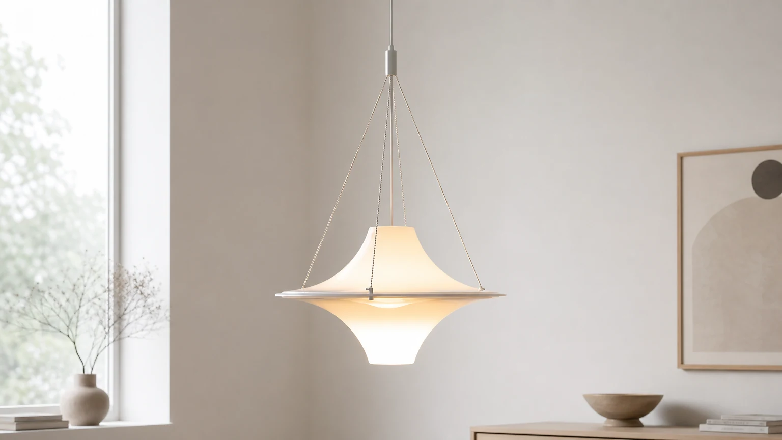 Akrylowa lampa wisząca Finland Design LOKKI w spokojnym wnętrzu