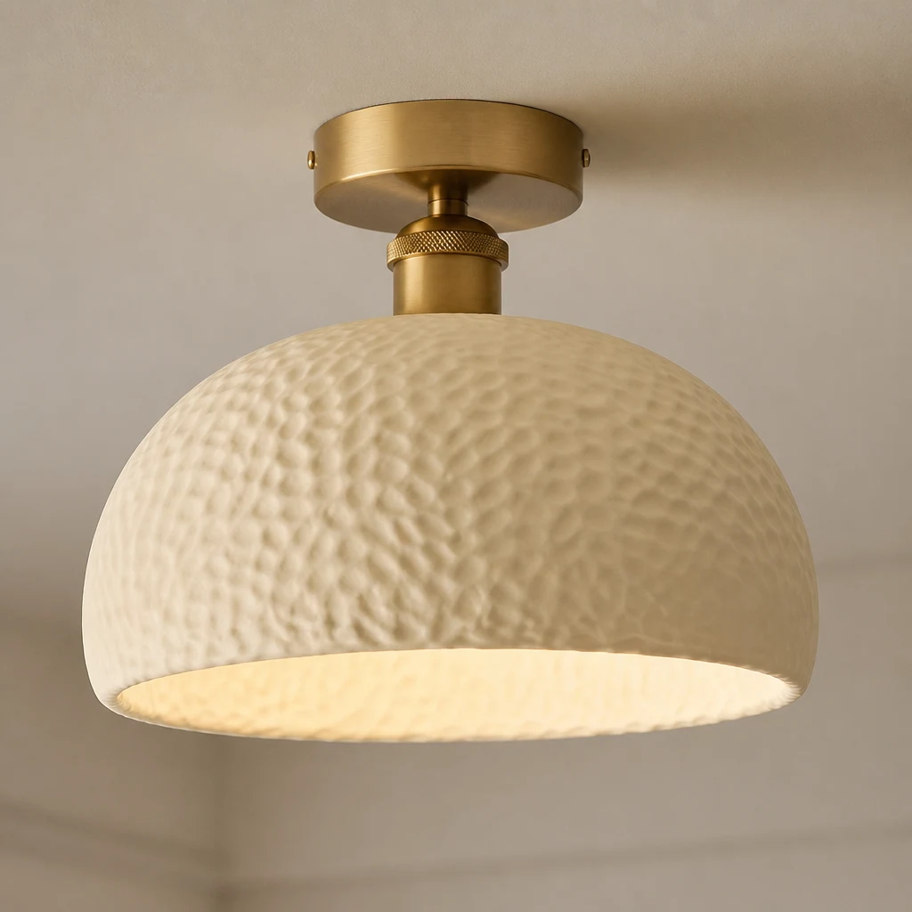 Zbliżenie lampy sufitowej Moss Glow D185 z żywicznym kloszem i metalowym baldachimem