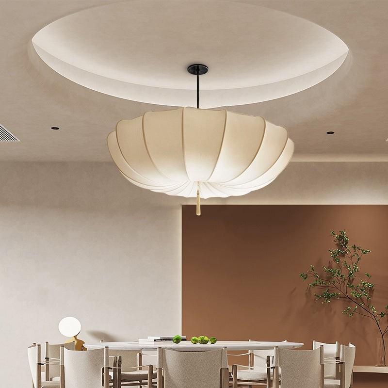 Traditional Japanese Round Iron Frame Fabric Shade 3/5 Light Chandelier For Living Room T261
