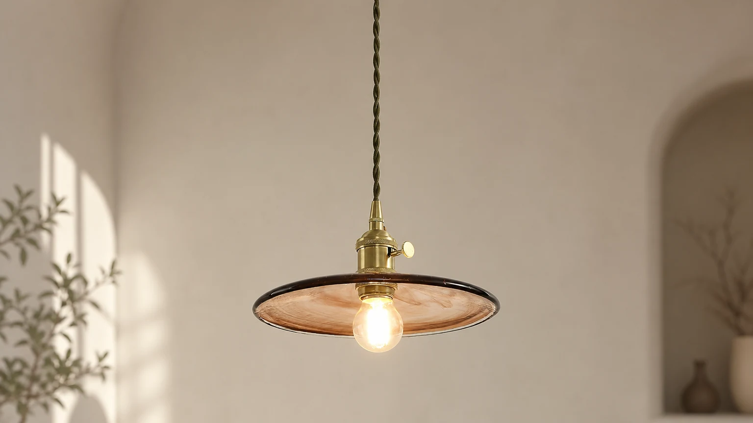Mosiężna lampa wisząca Vintage z przezroczystego szkła M34 w ciepłym wnętrzu