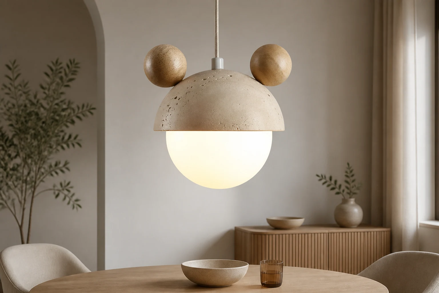 Trawertynowa lampa wisząca Micky stylizowana na przytulną scenę pokojową
