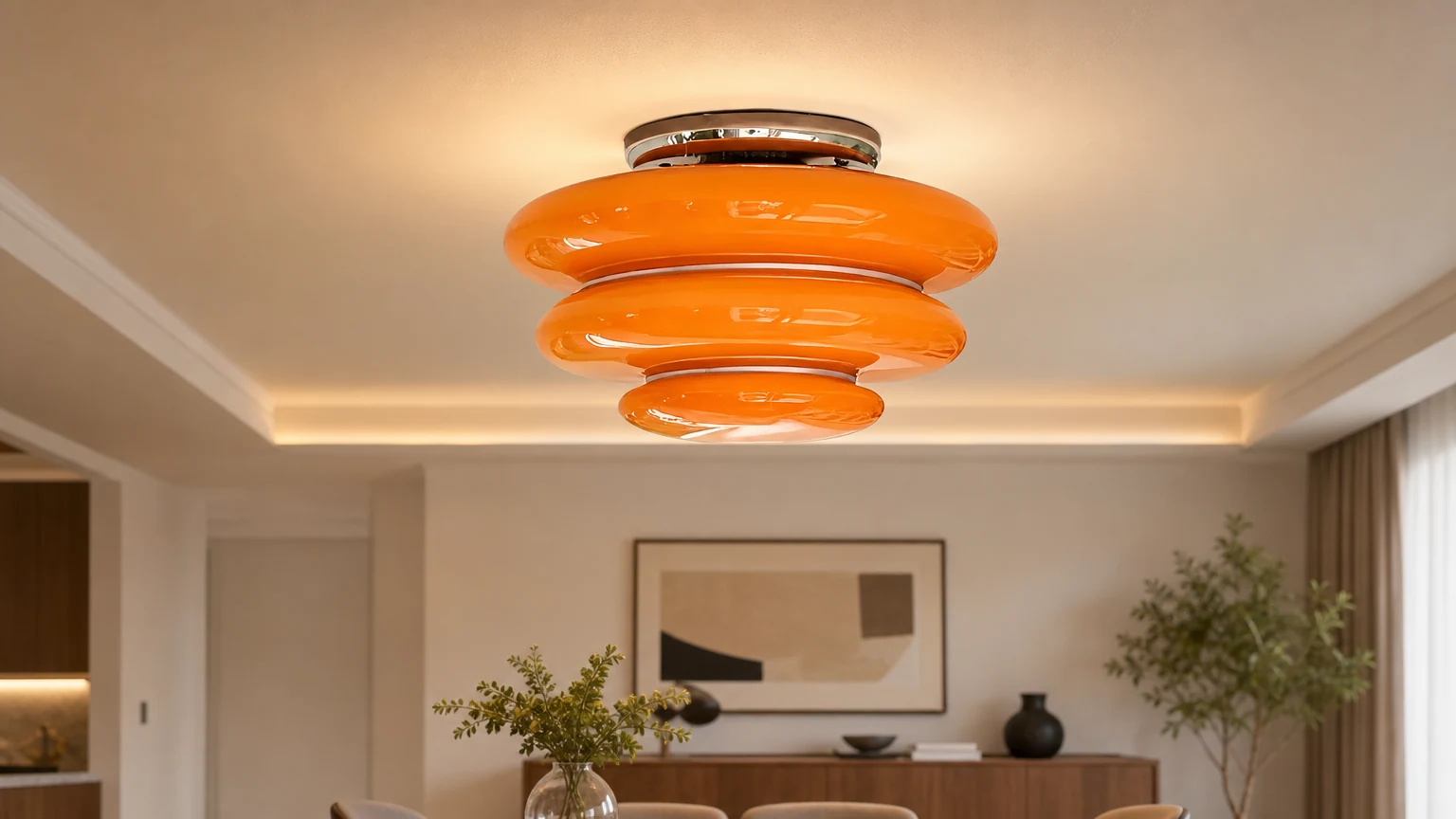Warstwowa lampa sufitowa Cirren zainstalowana w jadalni