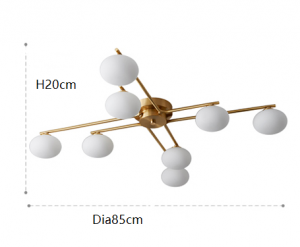 Diagram wymiarowy geometrycznego żyrandola w kształcie kuli przedstawiający wysokość i średnicę