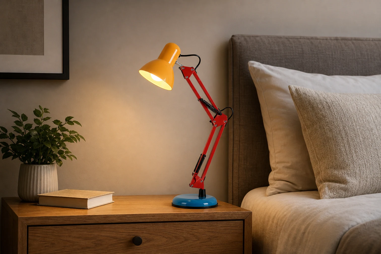 Kolorowa lampa stołowa wykorzystywana jako kreatywny akcent na biurko