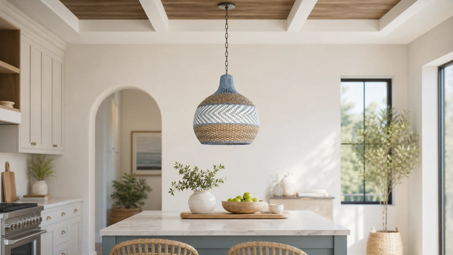Ręcznie tkana niebieska rattanowa lampa wisząca T116 w jasnym pomieszczeniu