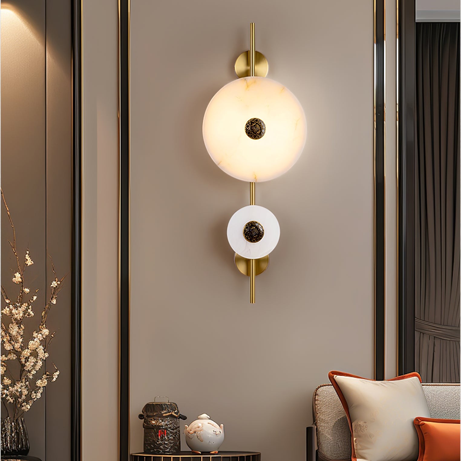Double-disc disc-shaped lamp in a styled room scene