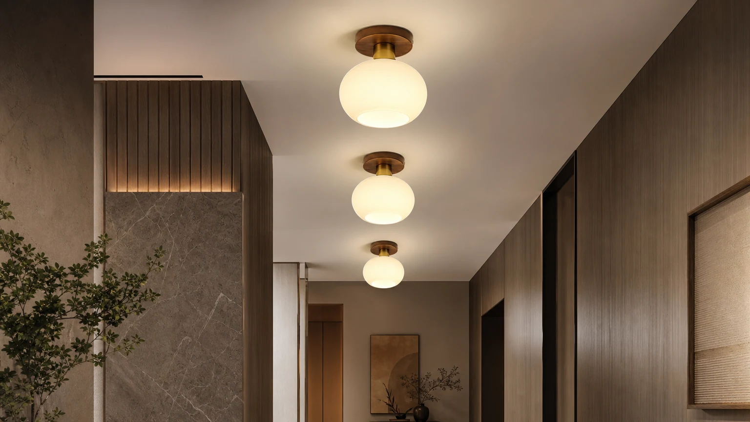 Vintage wabi-sabi walnut copper glass ceiling lamp in a warm living room scene