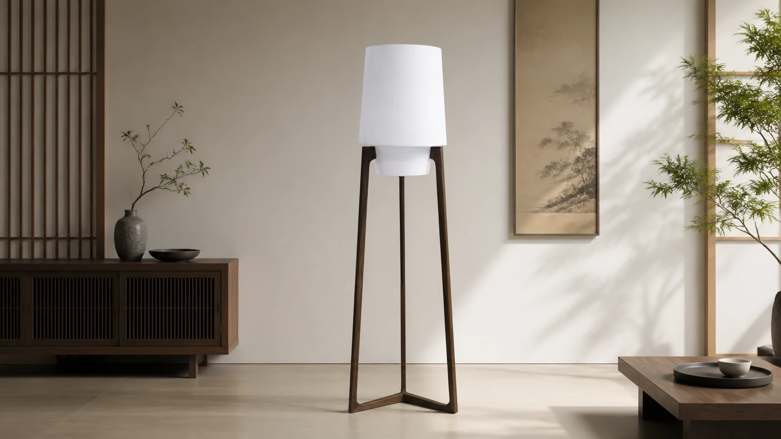Nowoczesna, prosta lampa podłogowa z litego drewna M150 w stylu chińskim w scenie z ciepłym pomieszczeniem