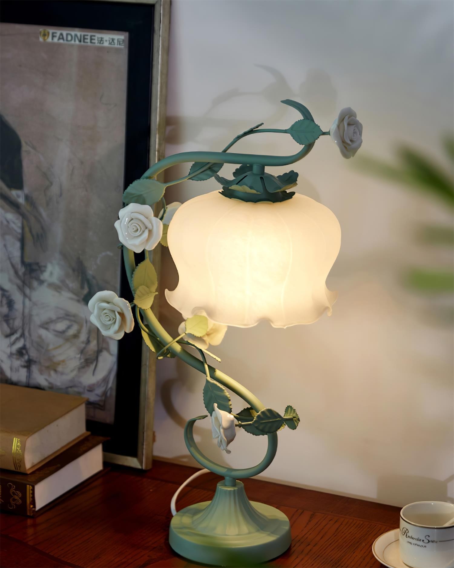 Green Pink White Rose Flower Table Lamp M209