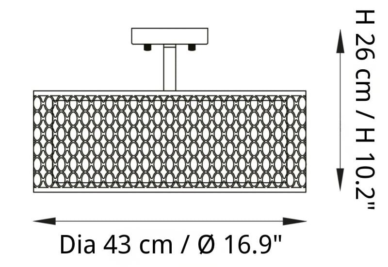Schemat wymiarów lampy sufitowej przedstawiający średnicę 43 cm i wysokość 26 cm