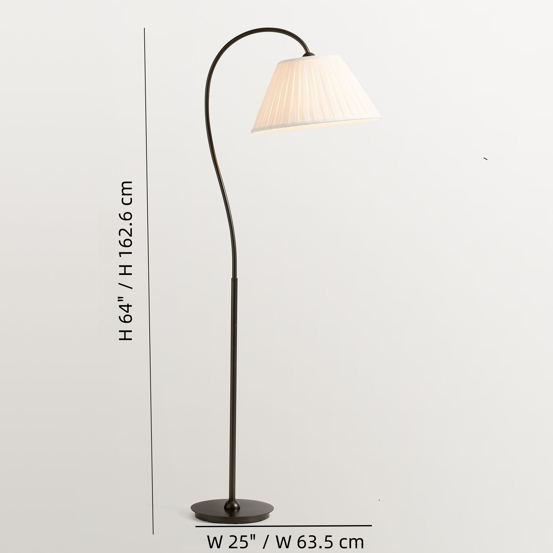 Graphique des dimensions du lampadaire Luvora indiquant la largeur, la profondeur et la hauteur
