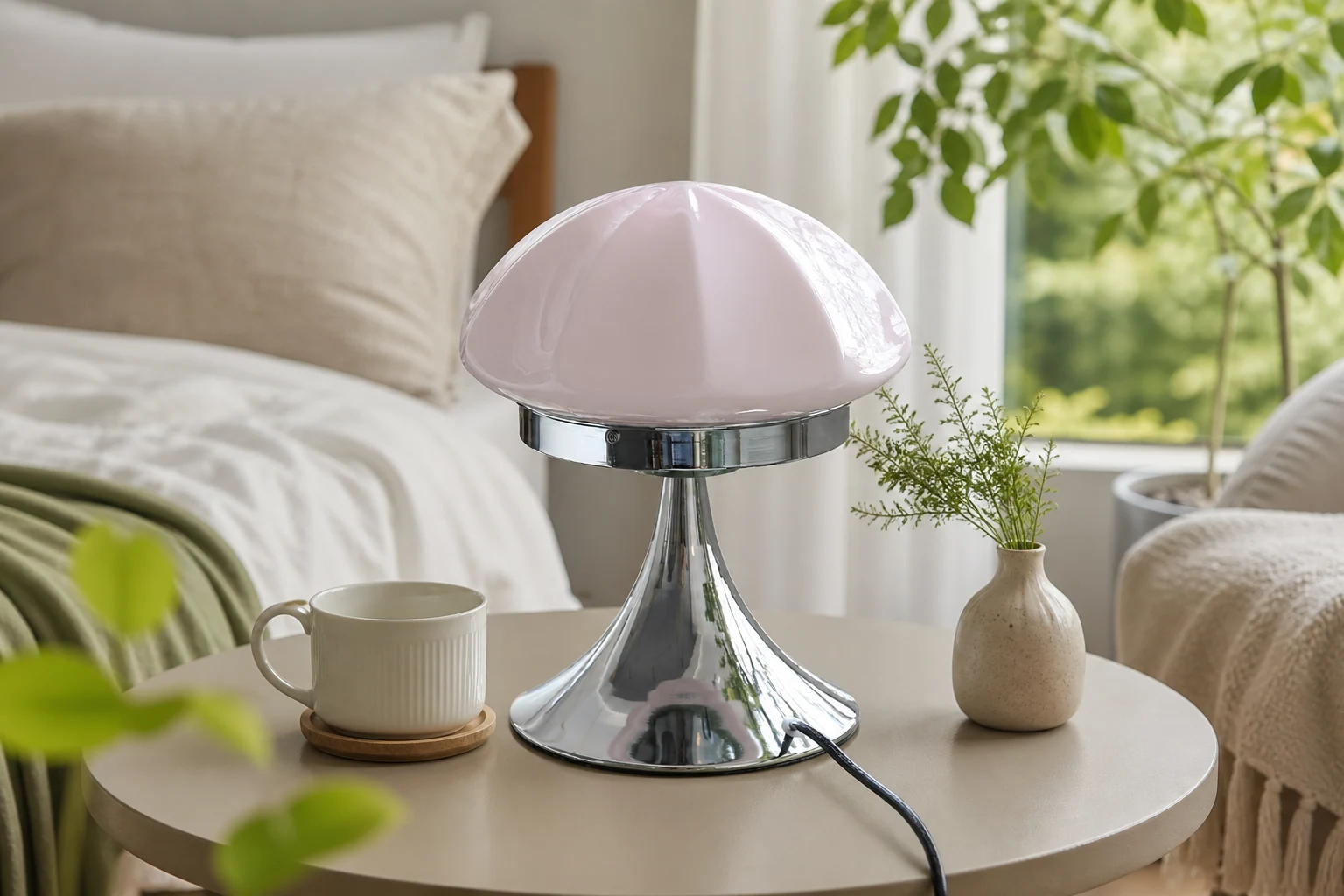 Szklana lampa stołowa Bauhaus do sypialni M390 w scenie pokoju lifestylowego