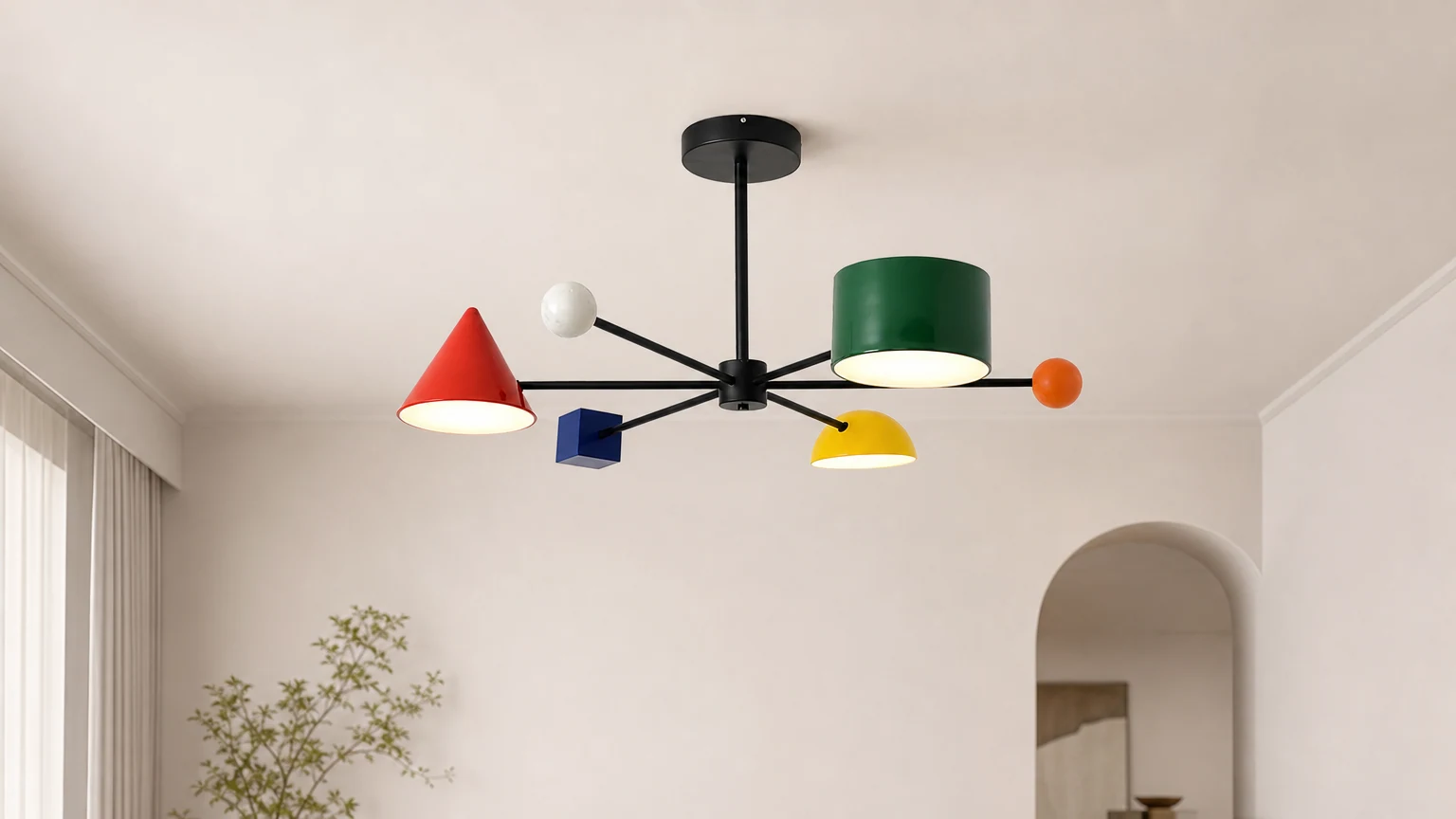 Geometryczna kolorowa lampa sufitowa M377 pokazana w aranżacji pomieszczenia