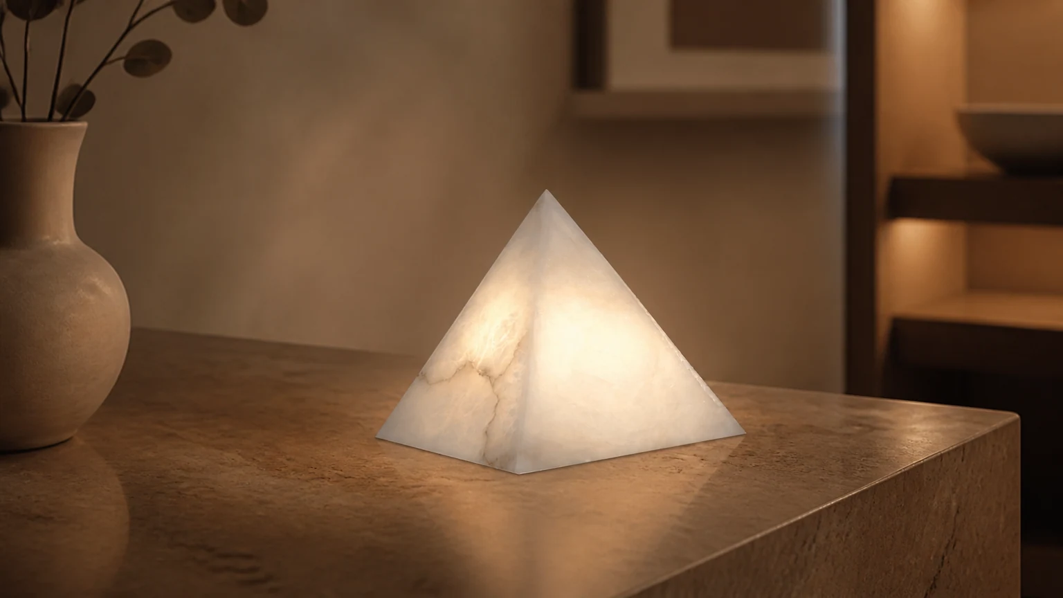 Lampa stołowa Alabaster Pyramid D428 świecąca w stylowym pomieszczeniu