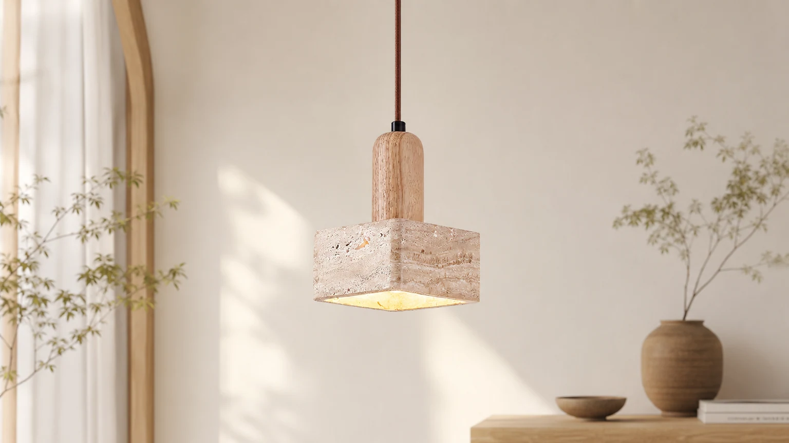 Prosta elegancka kwadratowa prostokątna lampa wisząca M195 w ciepłej scenerii wnętrza