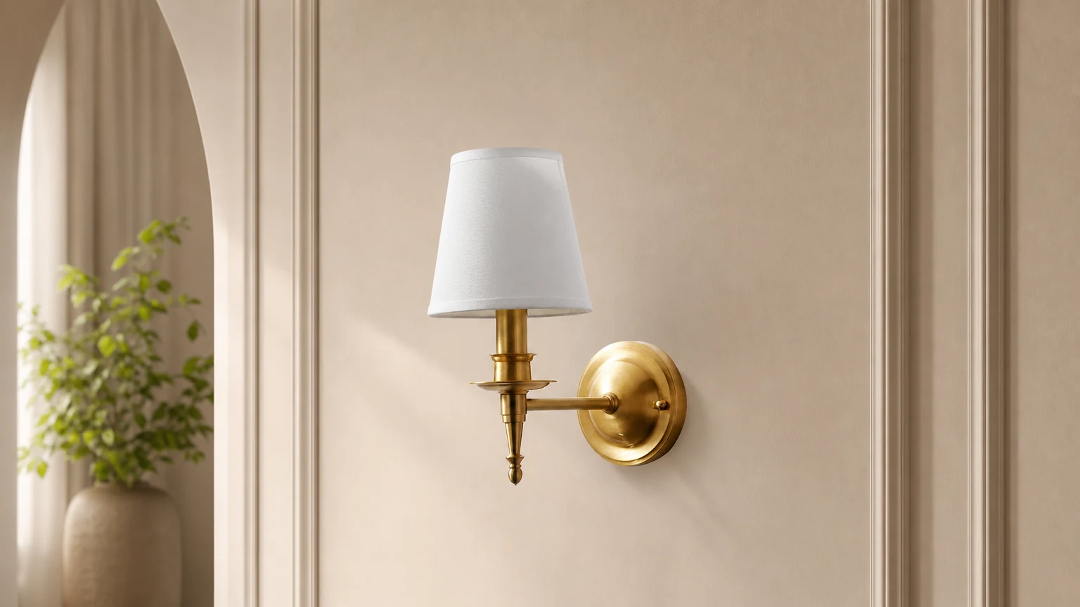 Payson Wall Lamp D571 Mosiężny kinkiet z białym abażurem z tkaniny, ustawiony w pomieszczeniu