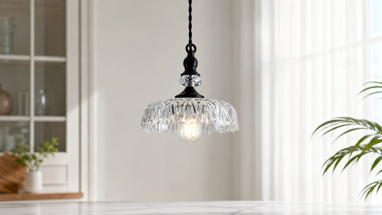 Szklana lampa wisząca G38 z mini wyspą kuchenną Mid Century w ciepłej scenie wyspy kuchennej