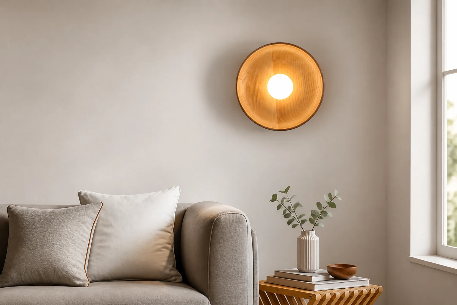 Minimalistyczna, geometryczna lampa ścienna w scenie wewnętrznej