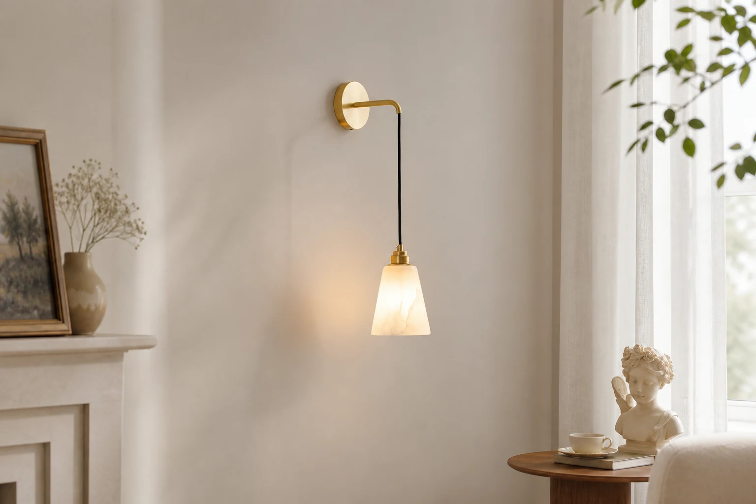 Lampa ścienna Droplet Alabaster w ciepłej scenie wnętrza