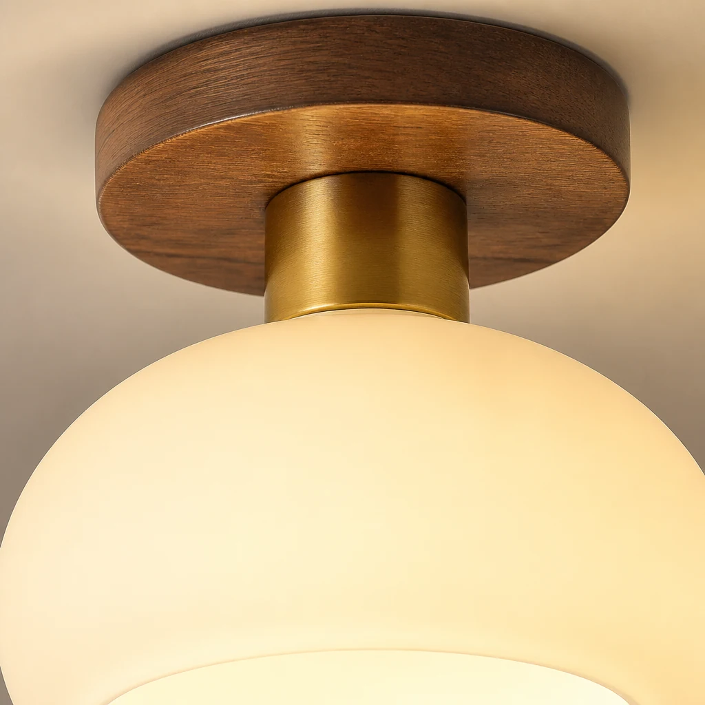 Close detail of walnut copper and opal glass ceiling lamp materials