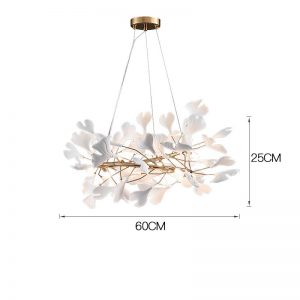 Schemat rozmiarów postmodernistycznego żyrandola PETAL przedstawiający szerokość 60 cm i wysokość 25 cm