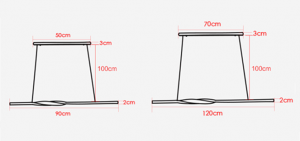 HELSKI Twisted Slim Case pendellampa storleksdiagram för 90 cm och 120 cm versioner