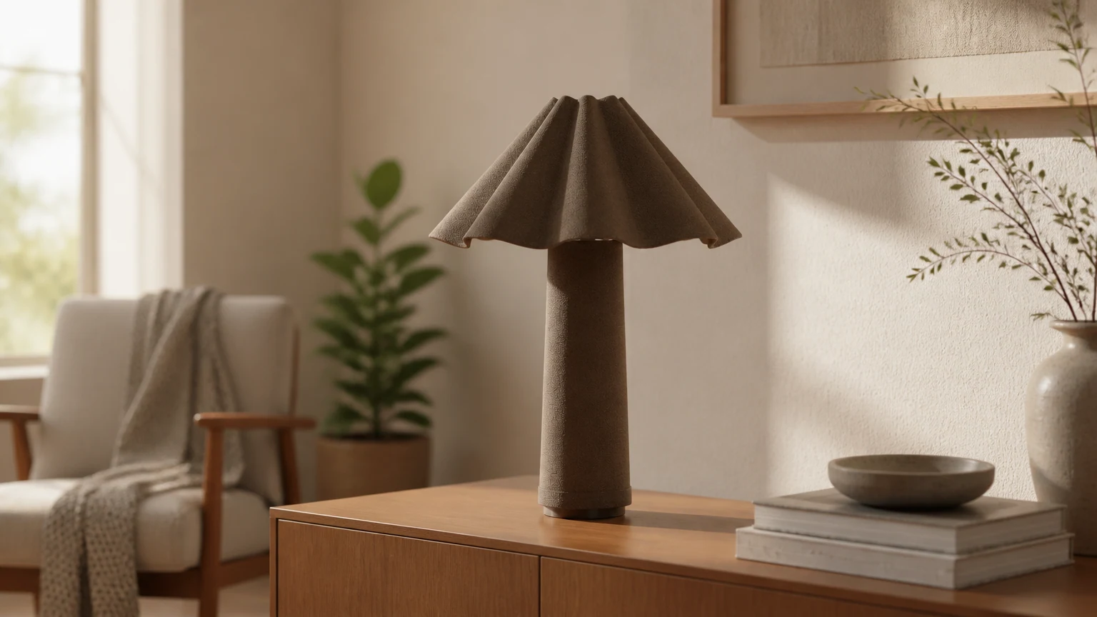 Lampa stołowa Weavara pokryta tkaniną w ciepłej przestrzeni mieszkalnej
