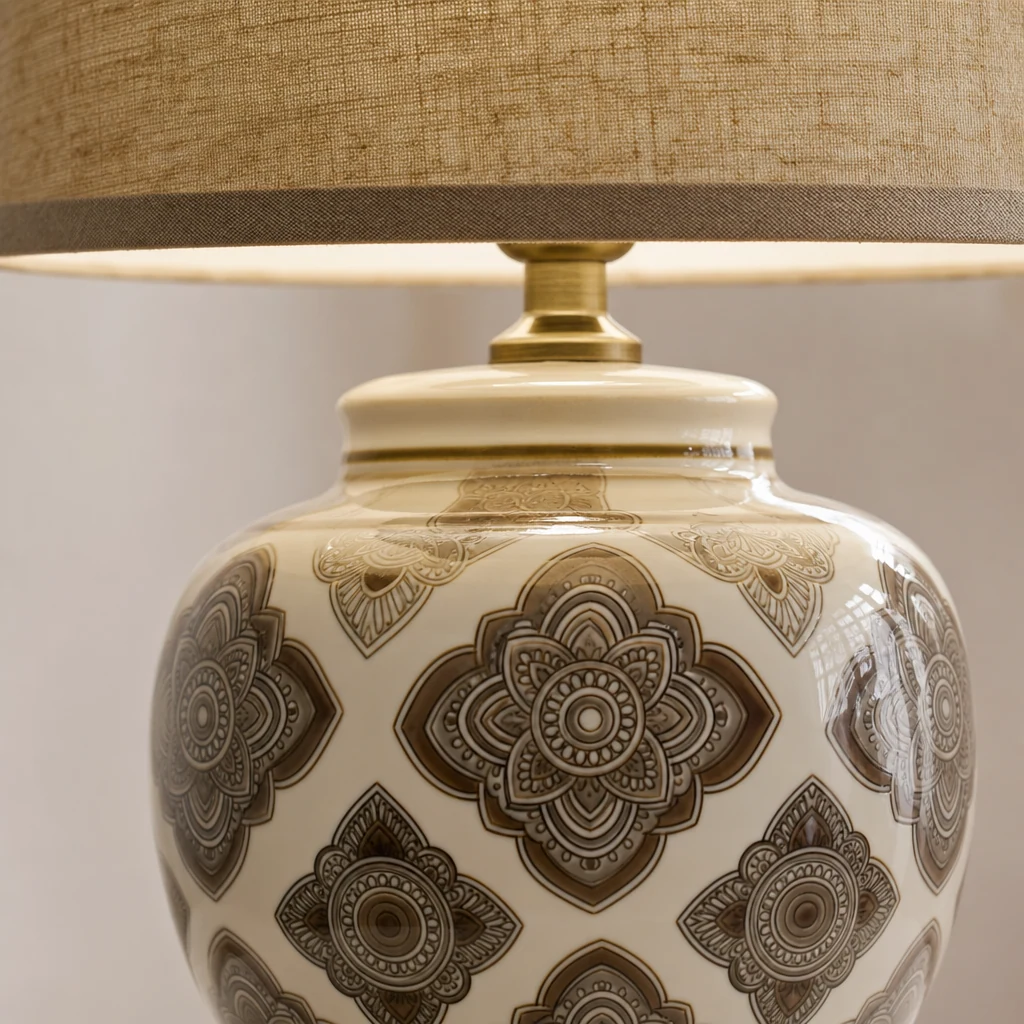 Zbliżenie na ceramiczną podstawę i klosz lampy stołowej Talora