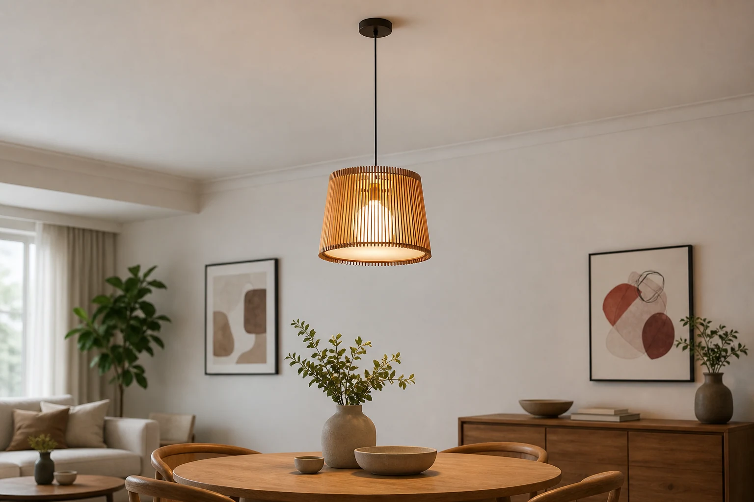 Lampa wisząca z drewnianą kłodą w kolorze kłody M425 w scenie pokoju lifestylowego