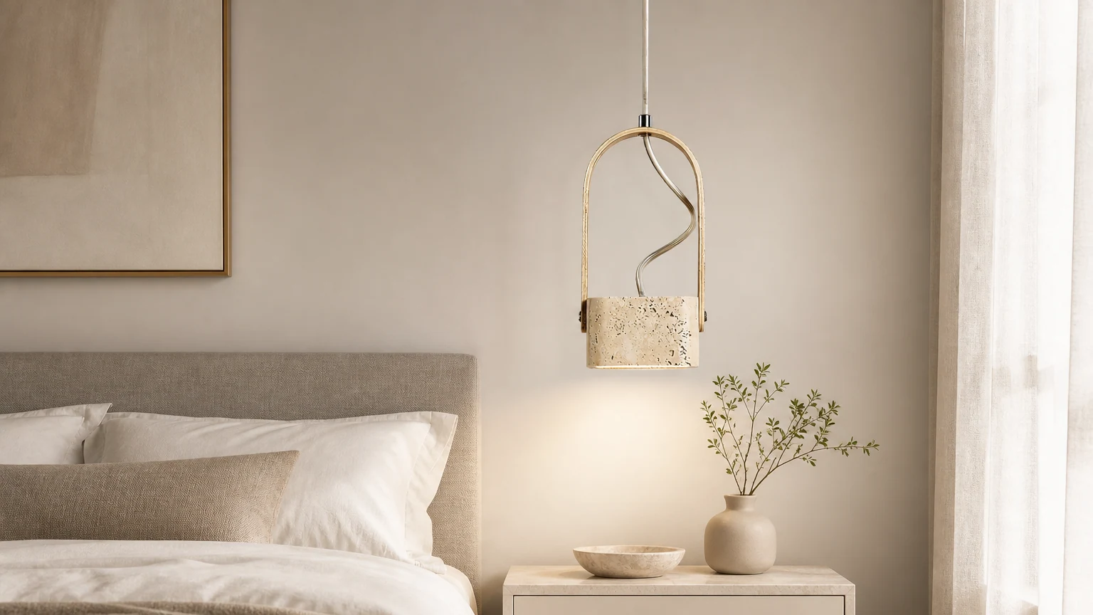 Geometryczna żółta lampa wisząca z trawertynu M368 w scenie ciepłego pomieszczenia