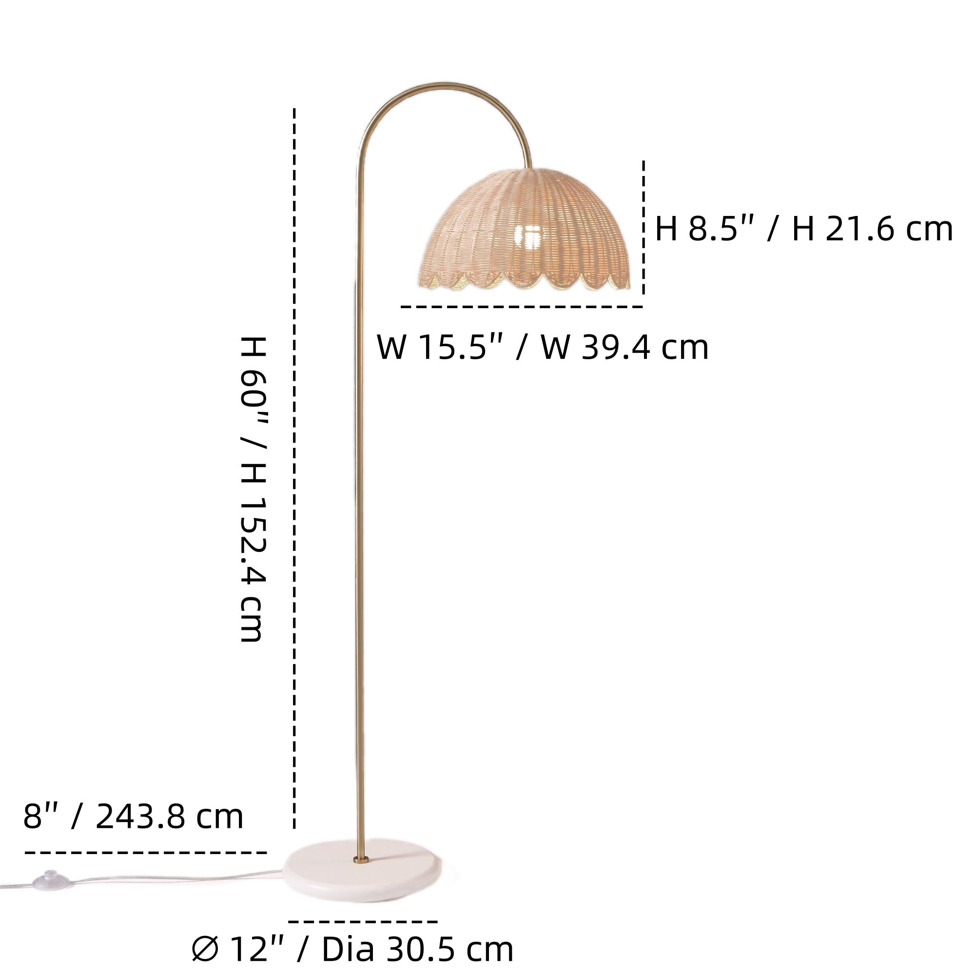 Olvara floor lamp dimension diagram with height shade width base and cord measurements