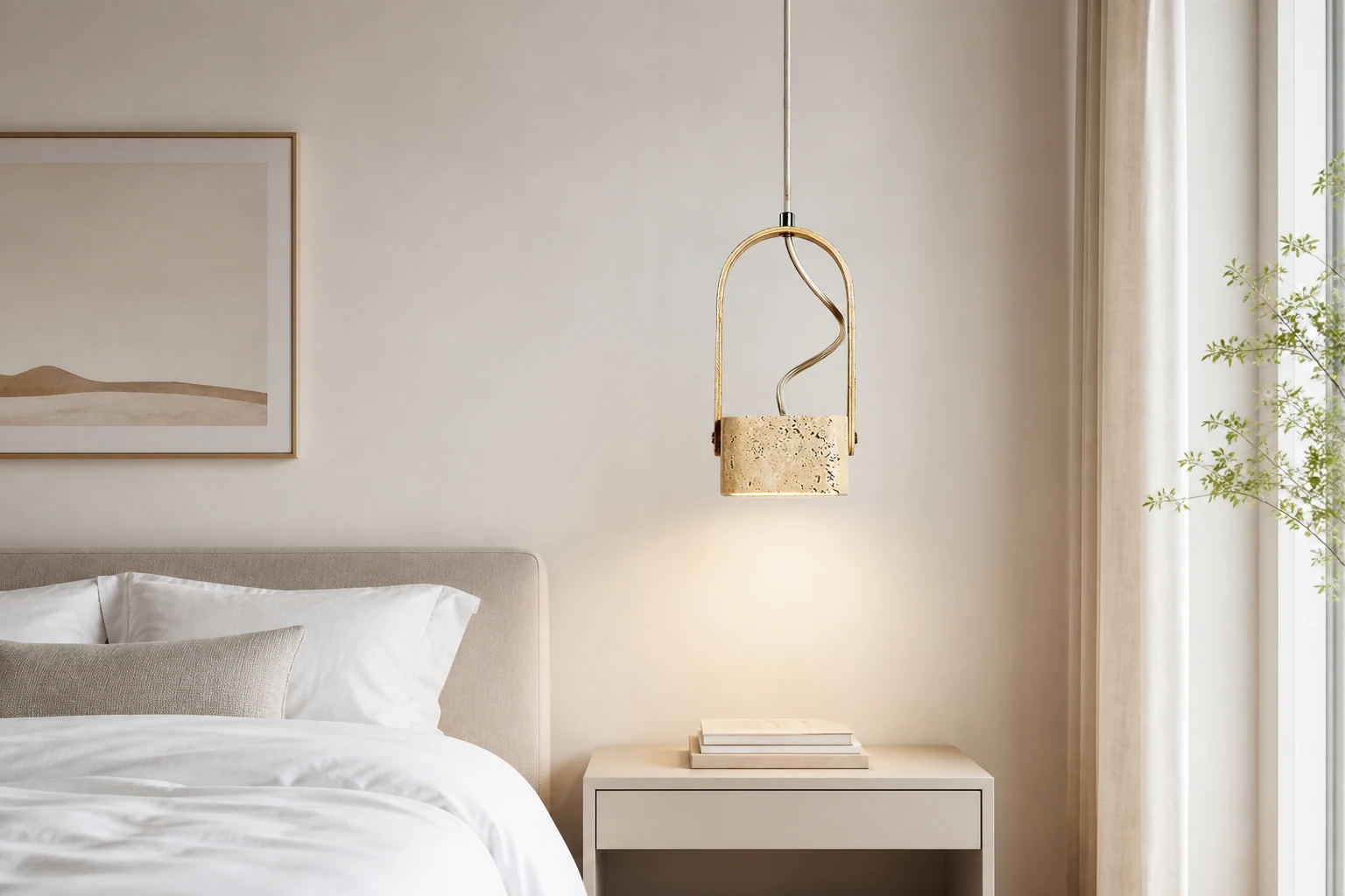 Geometryczna żółta lampa wisząca z trawertynu we wnętrzu lifestylowym