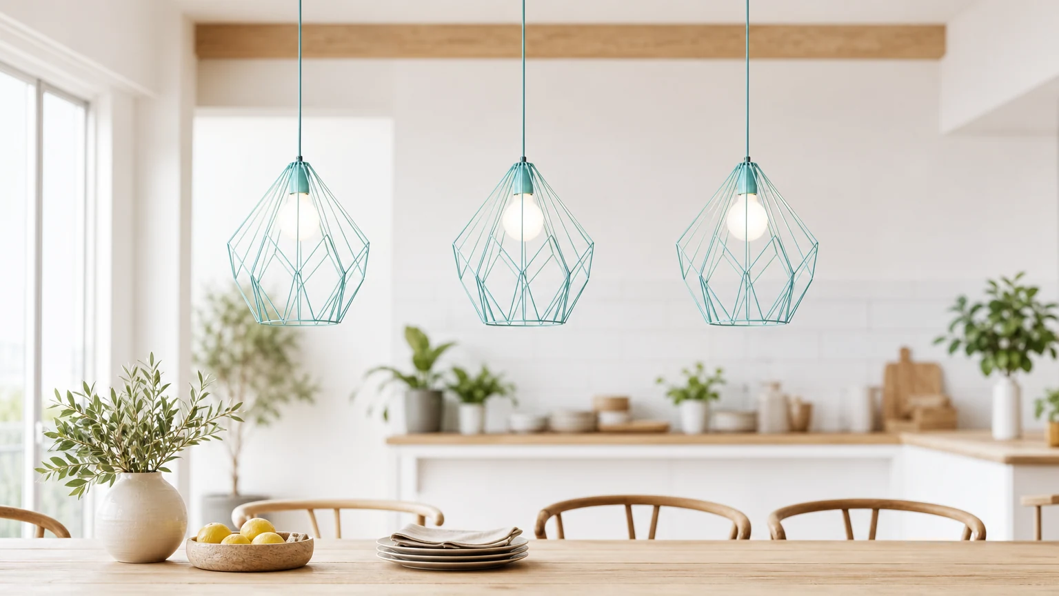 Lampa wisząca Macaron Cage zainstalowana w ciepłym wnętrzu jadalni