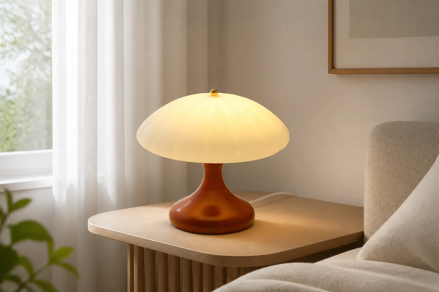 Zakrzywiona lampa stołowa M191 w kształcie grzybka w scenie na blacie lifestylowym