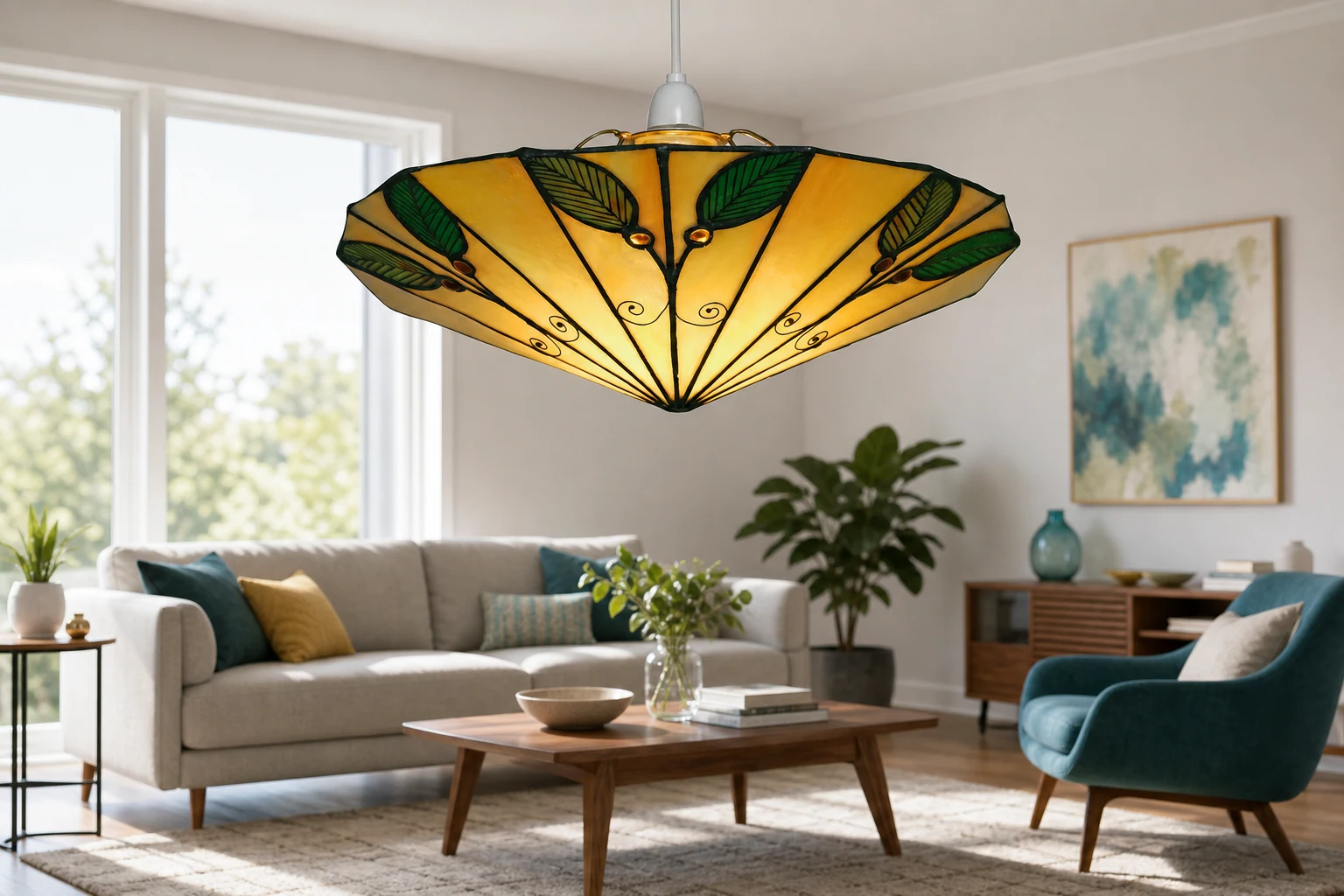 Scena w stylu lifestylowym przedstawiająca zielono-beżowy abażur wiszący w stylu Tiffany