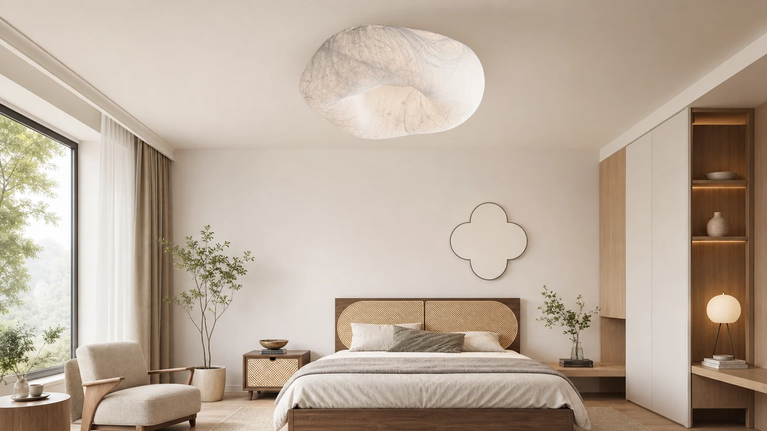 Nowoczesna lampa sufitowa LED do salonu Simple Silk M294 zainstalowana w spokojnym wnętrzu