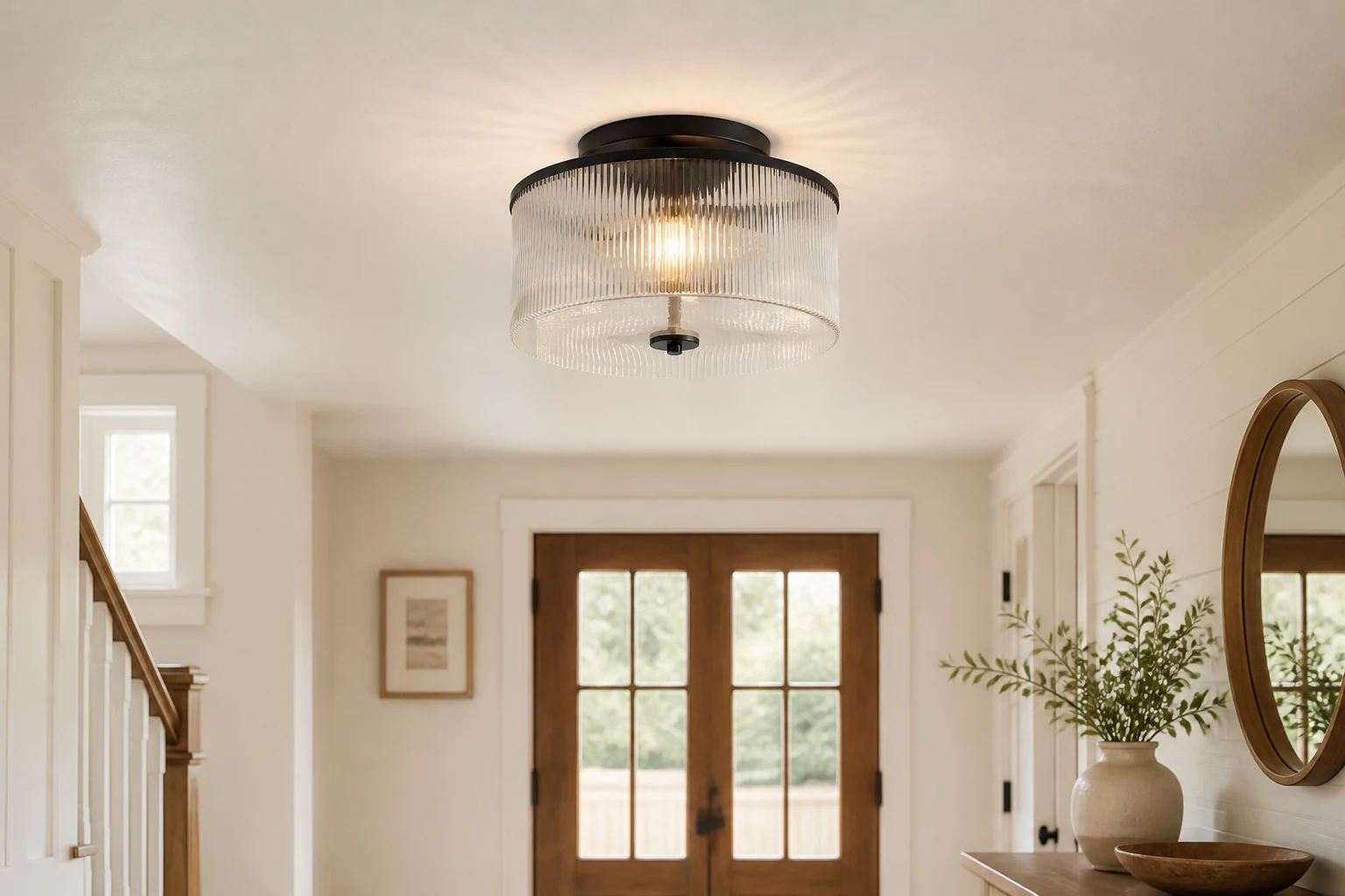 Lampa sufitowa ze szkła Drum żebrowanego pokazana w scenie pokoju lifestylowego