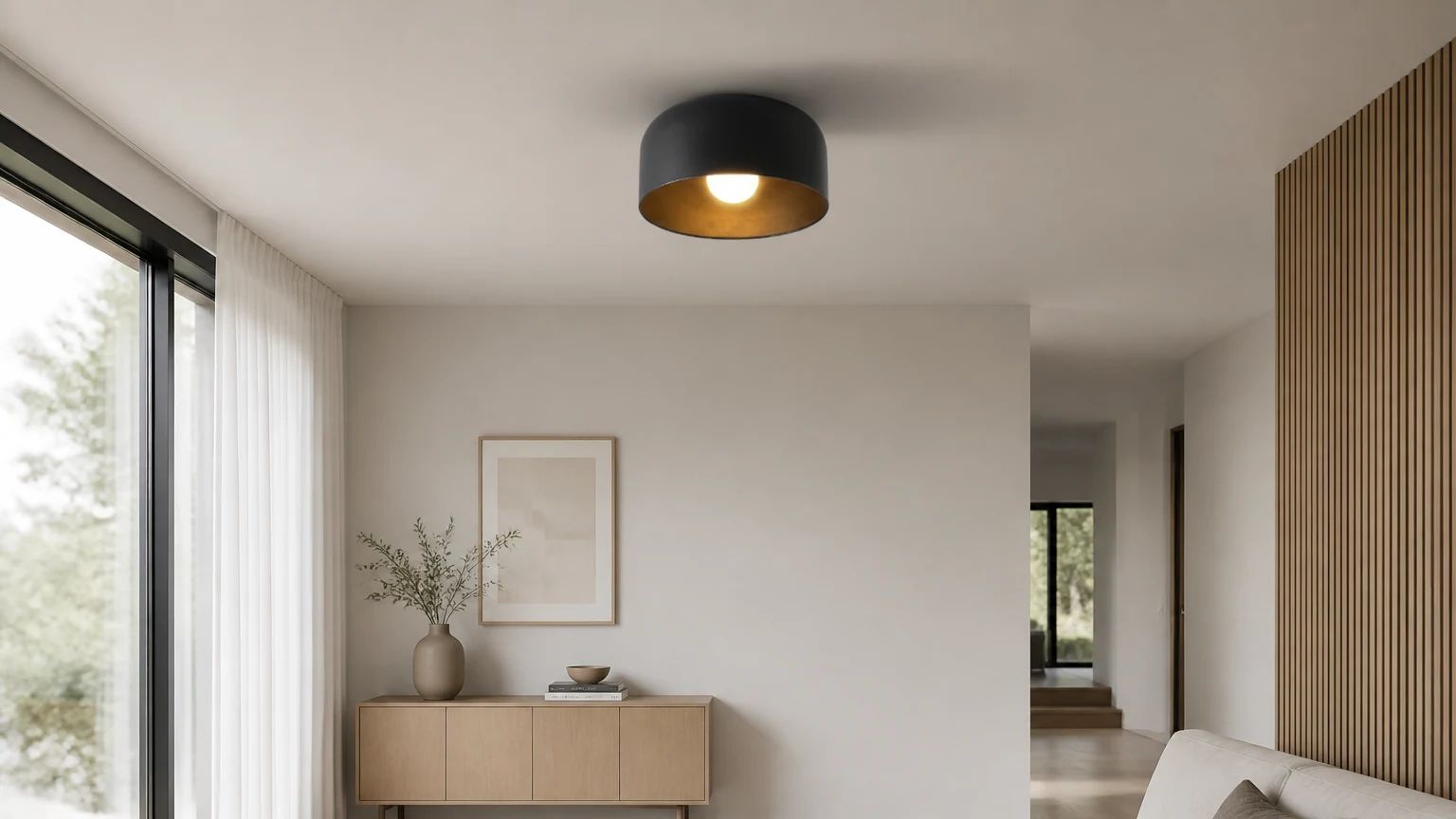 Skandynawska minimalistyczna lampa sufitowa w kształcie miski G43 w minimalistycznym wnętrzu