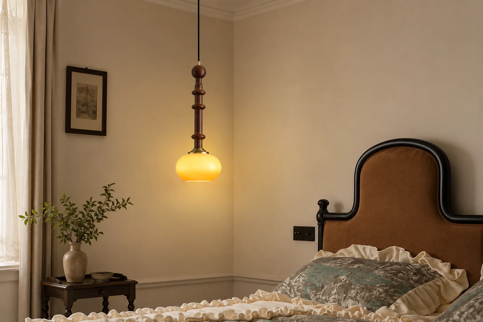 Scena w stylu życia z widoczną lampą wiszącą z serii Retro z litego drewna