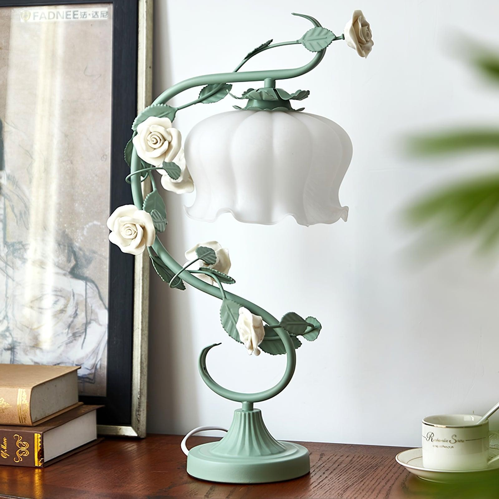 Green Pink White Rose Flower Table Lamp M209