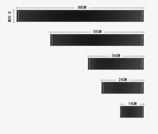 Schema dimensionale della lampada da parete a LED SIMIG Sleek con le lunghezze disponibili.